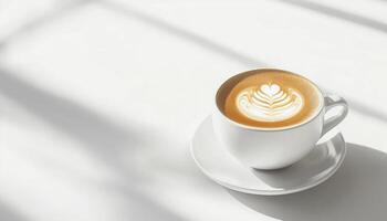 Coffee in white ceramic cup in white copy space table photo