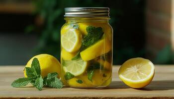 A glass jar filled lemon slices and mint in wooden table in wooden table photo