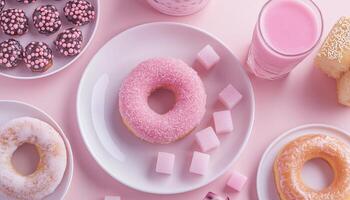 Donut and sugar cube sweet snack for party time on white plate flat lay background photo