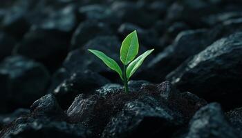 Tree shoots on coal rock replant conservation theme in mining field photo