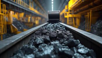 Coal rocks in conveyor bel moving transport ore material in mining industry photo
