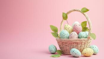 Egg on rattan basket and leaf with pattern on shell funny copy space pink background photo