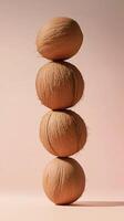 A stack of coconut fruit balancing vertical with isolated background photo