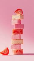 A stack of pie cake snack vertical balancing with solid background photo