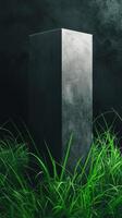 Dark background with shadow and black block stage podium story with grass photo