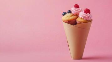 Muffin chocolate chips sweet crunchy snack dessert wrapped brown paper cone photo