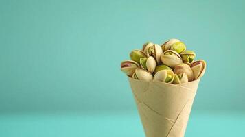Pistachios on brown paper wrapped eco friendly container photo