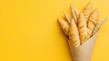Wheat bread wrapped on brown paper cone wrapped copy space background photo