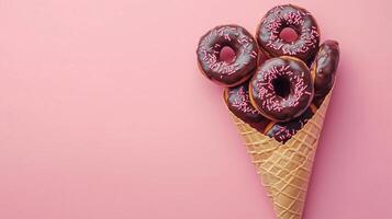 Donut waffle wrapped with topping cream on waffle flat cone wrapped copy space background photo