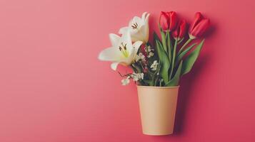 White lily and red tuilip flower on paper bouquet no plastic disposable container photo