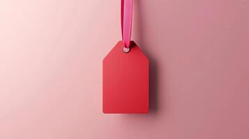 Paper price tag label red brand name with rope on solid background photo