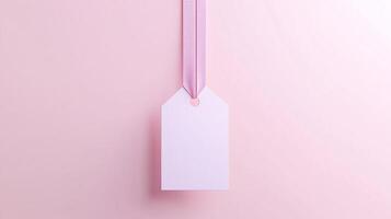 Paper price tag label white brand name with rope on solid pink background photo