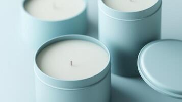 Tin candle minimalist mockup cylindrical container blue matte and shadow light wall photo