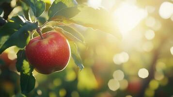 Red apple in tree with macro backlight bokeh background summer nature photo