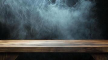 Brown wooden table perspective with dark rustic wall background photo