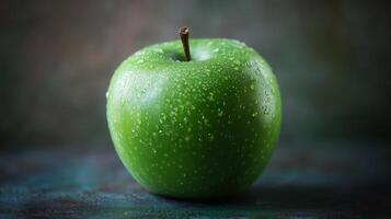 Closeup green apple closeup macro photo with waterdrop dark background