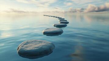 Stepping grey stones with texture forwarding in beach sand and ocean water with bright sky photo