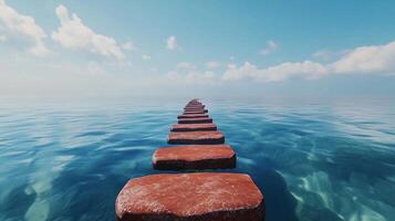 Stepping red stones with texture forwarding in ocean water with blue sky photo