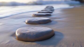 Stepping grey stones with texture forwarding in beach sand and ocean water with blue sky photo
