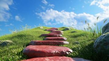 Stepping red textured stones forwarding to hill mountain peak destination on mountain photo