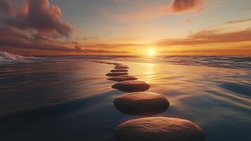 Stepping grey stones with texture forwarding in beach sand and ocean water with sunset sky photo