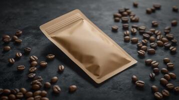 Brown blank mockup coffee packaging zipper pouch and coffee beans decoration photo