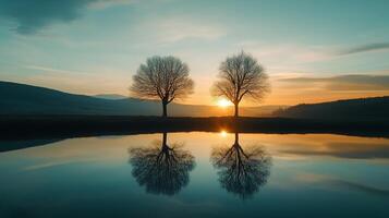 Trees silhouette at golden sunset and reflection shadow on water in beach photo