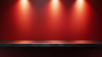 Black steel countertop shelf with spotlight and red wall for product display promotion photo