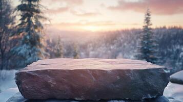 Stone podium stage on edge mountain and valley view nature in winter forest photo