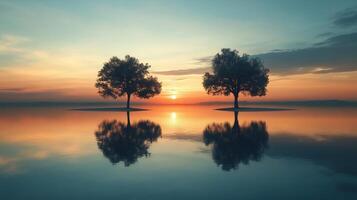 Trees silhouette at golden sunset and reflection shadow on water in beach photo