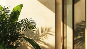 Modern minimalist east style window building with beige tone wall and greenery palm plant decoration photo