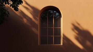 Aesthetic arch window shape on brown wall with shadow leaves tree classing building architecture photo