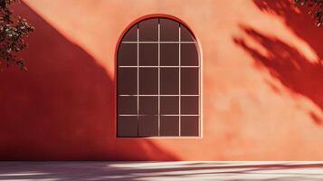 Aesthetic arch window shape on red wall with shadow leaves tree classing building architecture photo