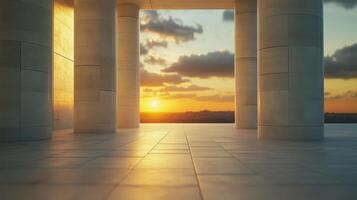 Stone columns concrete texture pillar classical building exterior with sunset sky photo