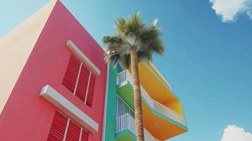 Simple minimal style modern building with colorful fresh tone, palm tree and blue sky, bottom view photo