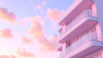 Simple minimal style modern pink building green tree tone and blue sky, bottom view photo