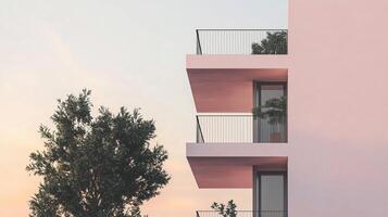 Simple minimal style modern white building white tree tone and blue sky, bottom view photo