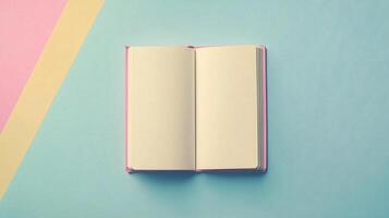 Blank white book open for texting message information top of view copy space background photo