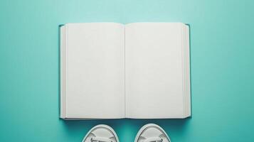 Blank white book open white paper and a pair white shoes top of view blue background photo