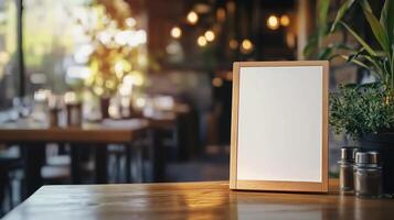 Blank white board frame for information menu or sale in front of table restaurant photo