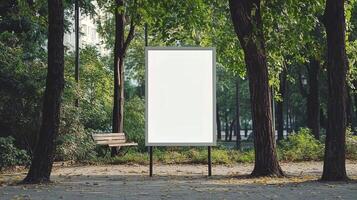 Mockup white blank board copy space for information and promotion in park with fresh green tree photo