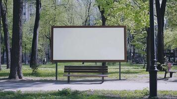 Mockup white blank board copy space for information in park with chair and green tree photo