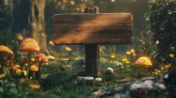 Blank wooden trunk board for label information important in mushroom botanical field garden photo