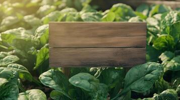 Blank wooden trunk board for label information important in spinach vegetable botanical field garden photo