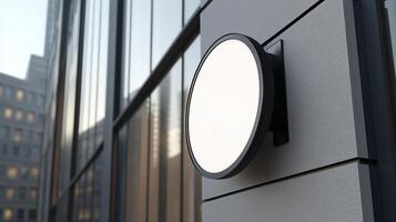 Mockup white and black frame circular signboard store display identity in wall building photo