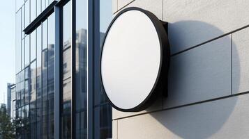 Mockup white and black frame circular signboard store display identity in wall building photo