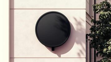 Mockup black frame circular signboard store display identity in wall building photo