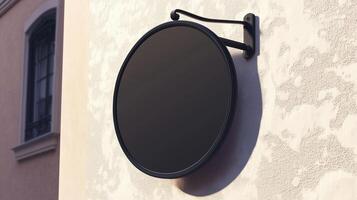 Mockup black frame circular signboard store display identity in wall building photo