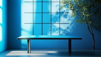 Empty table and blue glass window background with shadow sun bright photo