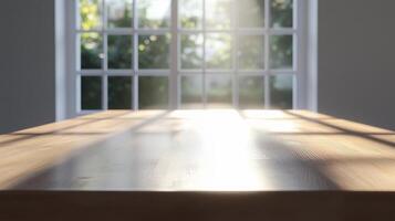Brown wooden table on empty white wall and window modern minimalism room with shadow sun bright photo